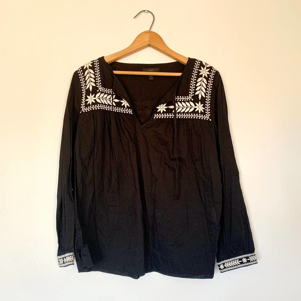 J. Crew Black Embroidered V-Neck Blouse Small